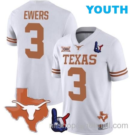 Youth Quinn Ewers Jersey #3 Texas Longhorns Texas State Map and Throwing Up The H Patch Football White