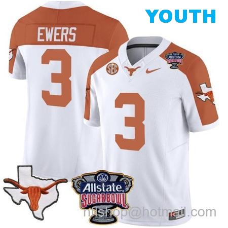 Youth Quinn Ewers Jersey #3 Texas Longhorns Sugar Bowl Patch Vapor Football Inverted