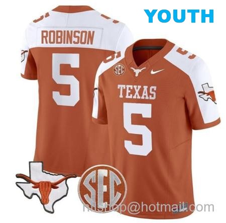 Youth Bijan Robinson Jersey #5 Texas Longhorns State Map and Sec Patch Vapor Limited College Football Stitched Orange Alternate