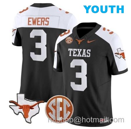 Youth Quinn Ewers Jersey #3 Texas Longhorns State Map and Sec Patch Vapor Limited College Football Stitched Black Alternate