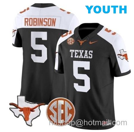 Youth Bijan Robinson Jersey #5 Texas Longhorns State Map and Sec Patch Vapor Limited College Football Stitched Black Alternate