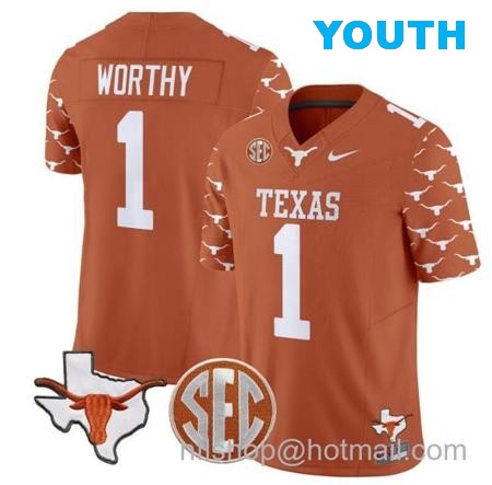 Youth Xavier Worthy Jersey #1 Texas Longhorns State Map and Sec Patch Vapor Limited College Football Stitched Texas Orange