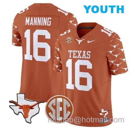 Youth Arch Manning Jersey #16 Texas Longhorns State Map and Sec Patch Vapor Limited College Football Stitched Texas Orange