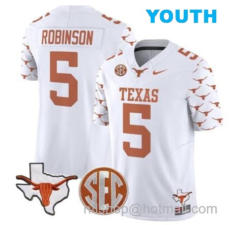 Youth Bijan Robinson Jersey #5 Texas Longhorns State Map and Sec Patch Vapor Limited College Football Stitched White