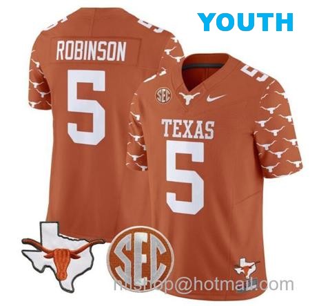 Youth Bijan Robinson Jersey #5 Texas Longhorns State Map and Sec Patch Vapor Limited College Football Stitched Texas Orange