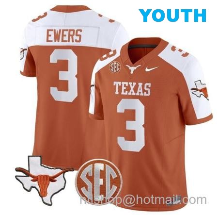 Youth Quinn Ewers Jersey #3 Texas Longhorns State Map and Sec Patch Vapor Limited College Football Stitched Orange Alternate