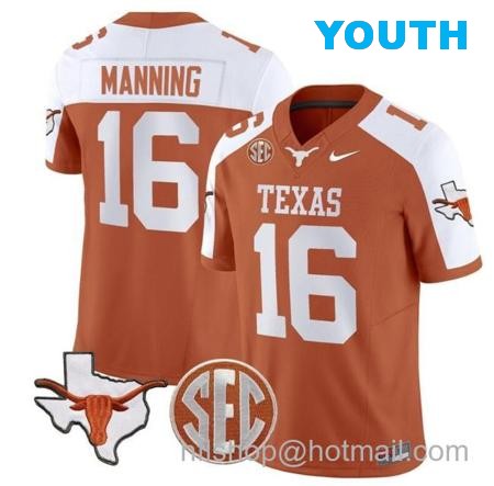 Youth Arch Manning Jersey #16 Texas Longhorns State Map and Sec Patch Vapor Limited College Football Stitched Orange Alternate