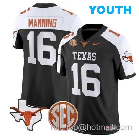 Youth Arch Manning Jersey #16 Texas Longhorns State Map and Sec Patch Vapor Limited College Football Stitched Black Alternate