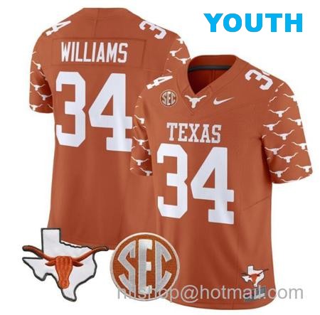 Youth Ricky Williams Jersey #34 Texas Longhorns State Map and Sec Patch Vapor Limited College Football Stitched Texas Orange