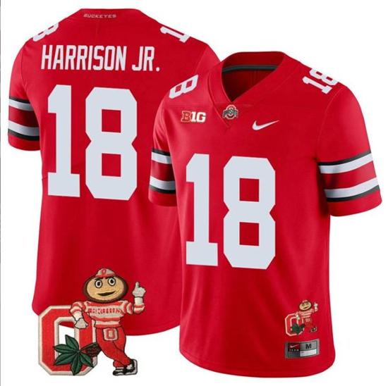 Women's Nike Marvin Harrison Jr Jersey #18 Ohio State Buckeyes Mascot Patch College Football Scarlet