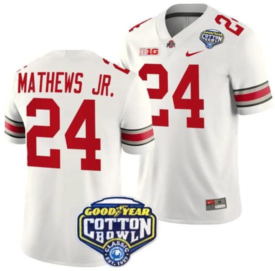 Women's Nike Jermaine Mathews Jr Jersey #24 Ohio State Buckeyes Cotton Bowl Patch 2023 Football White