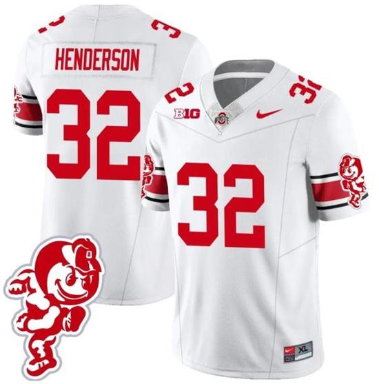 Women's Nike TreVeyon Henderson Jersey #32 Ohio State Buckeyes Football 2023 Stitched Brutus Buckeye Patch White