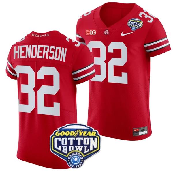 Nike Men's TreVeyon Henderson Jersey #32 Ohio State Buckeyes Cotton Bowl Patch 2023 Football Scarlet