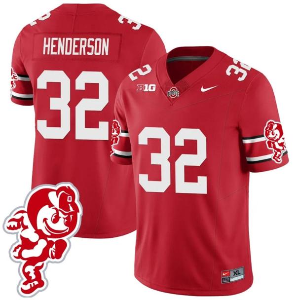 Nike Men's TreVeyon Henderson Jersey #32 Ohio State Buckeyes Football 2023 Stitched Brutus Buckeye Patch Scarlet