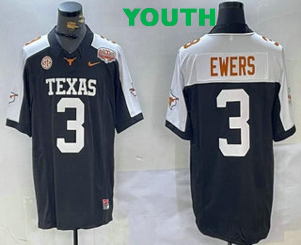 Youth Texas Longhorns #3 Quinn Ewers Black White 100TH F.U.S.E. College Stitched Jersey