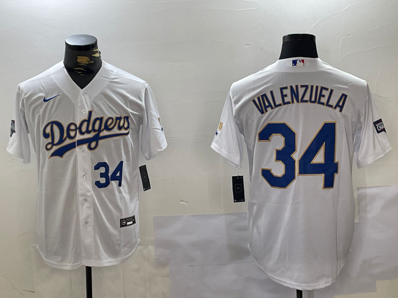 Men's Los Angeles Dodgers #34 Fernando Valenzuela Number White Gold Championship Stitched Cool Base Nike Jerseys