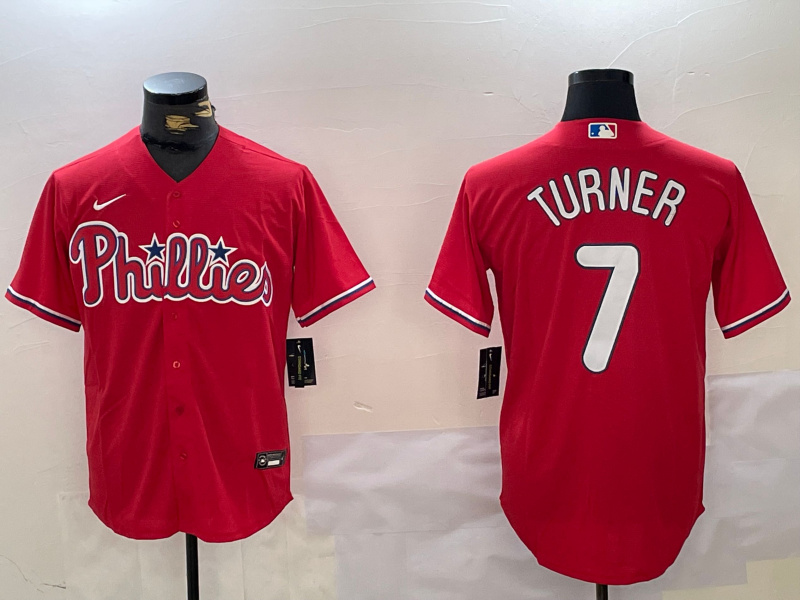 Men's Philadelphia Phillies #7 Trea Turner Red Cool Base Stitched Baseball Jersey