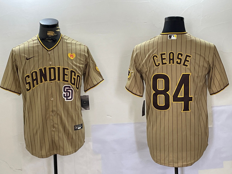 Men's San Diego Padres #84 Dylan Cease Team Logo With PS Patch Tan Cool Base Stitched Baseball Jersey