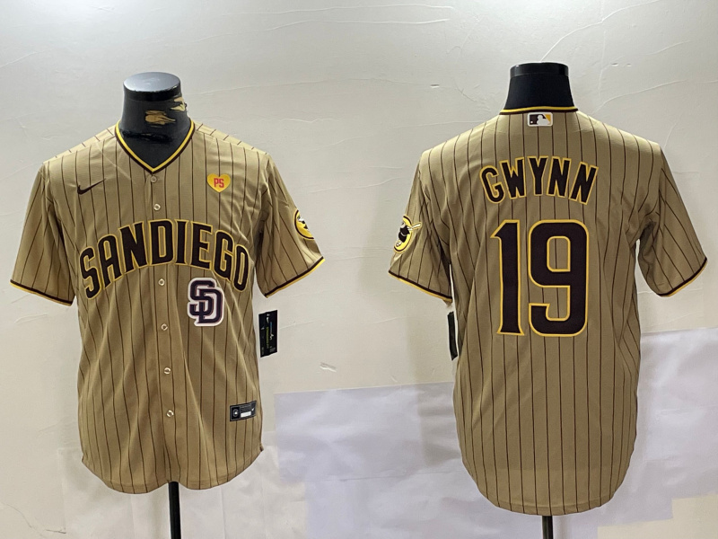 Men's San Diego Padres  #19 Tony Gwynn Tan Team Logo With PS Patch Cool Base Stitched Baseball Jersey