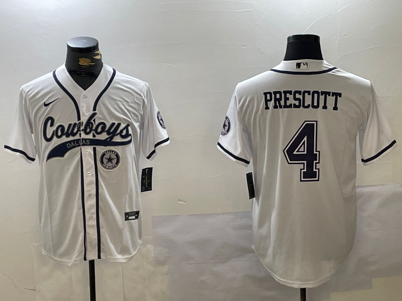 Men's Dallas Cowboys #4 Dak Prescott White Team With Patch Cool Base Stitched Baseball Jersey