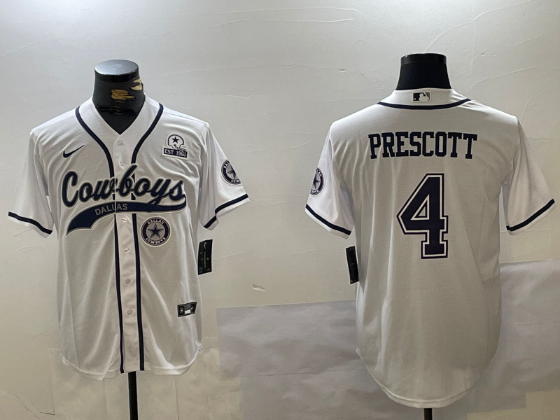 Men's Dallas Cowboys #4 Dak Prescott White Team With 1960 Patch Cool Base Stitched Baseball Jersey