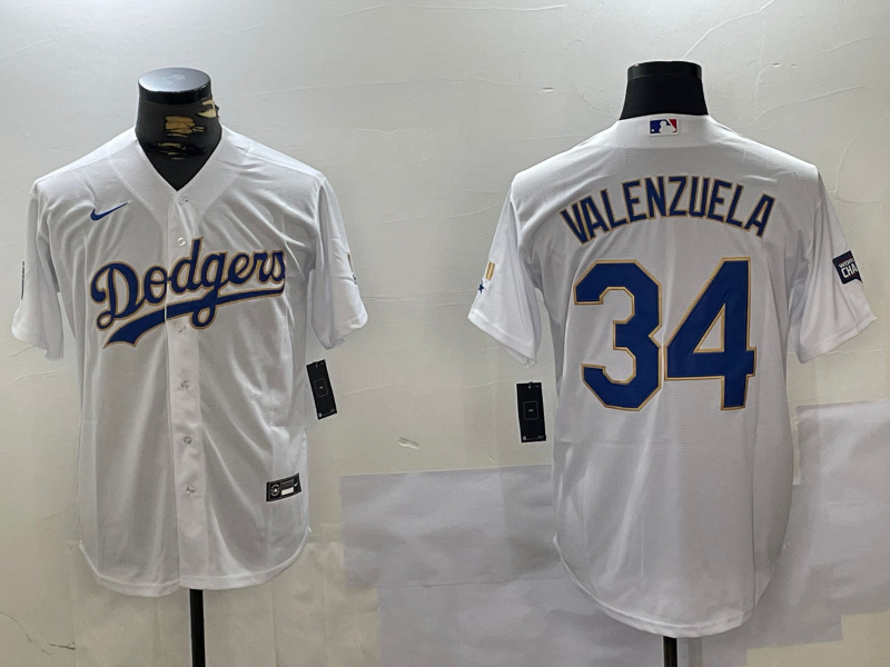 Men's Los Angeles Dodgers #34  Fernando Valenzuela White Gold Championship Cool Base Stitched Jersey