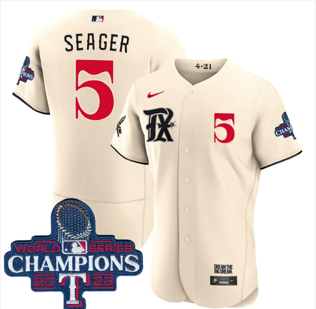 Men's Texas Rangers #5 Corey Seager Cream 2023 World Series Champions Nike Stitched Baseball Jersey