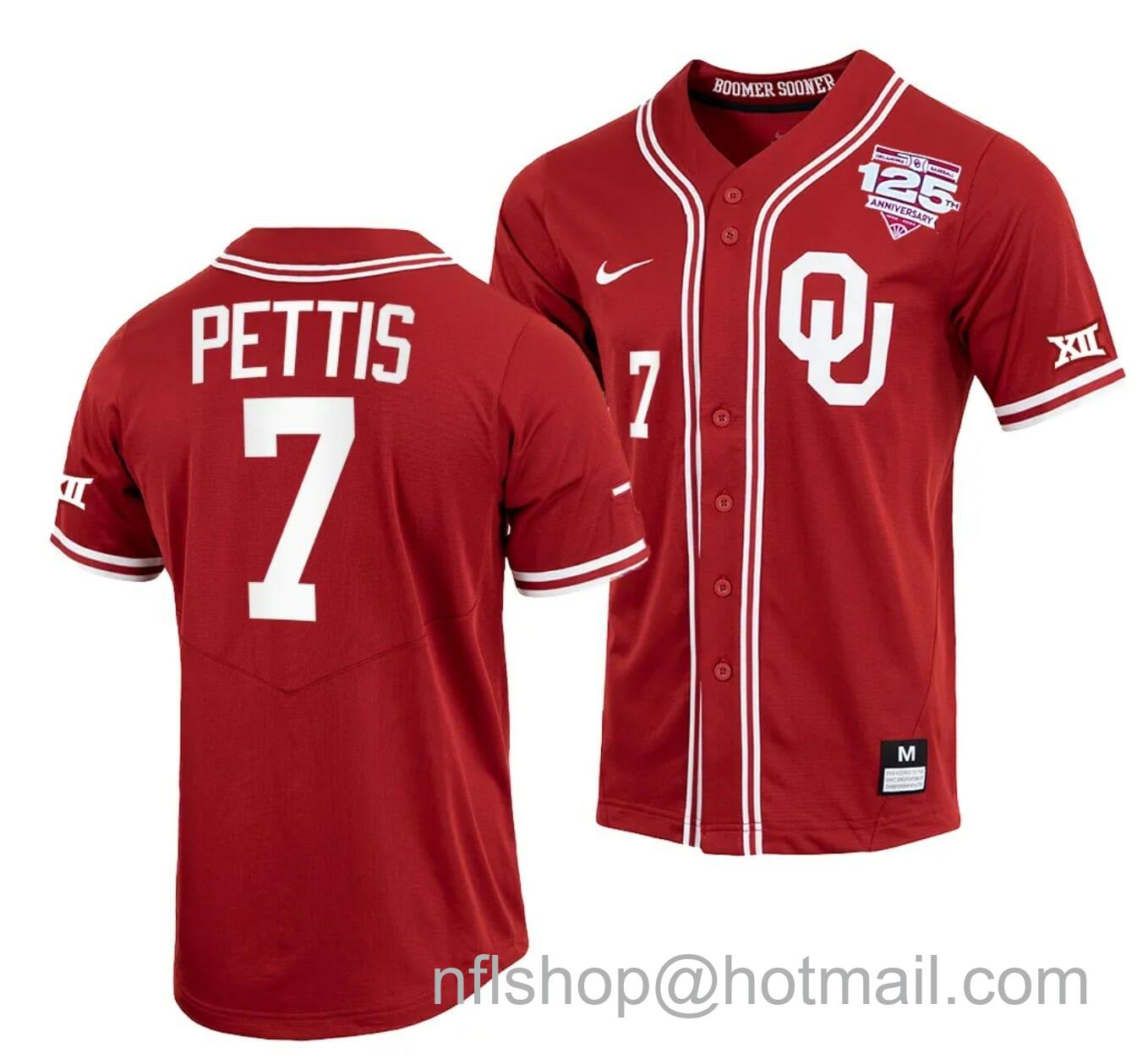 Men's Nike Kendall Pettis Jersey Oklahoma Sooners Baseball NCAA College Crimson 125th Season Full-Button #7