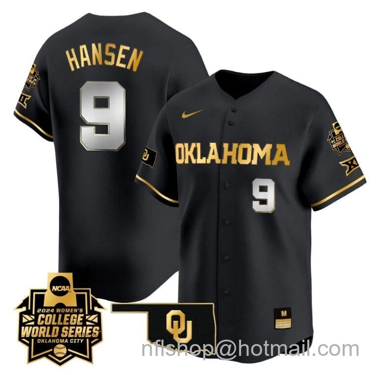 Men's Nike Kinzie Hansen Jersey #9 Oklahoma Sooners 2024 College World Series Patch Vapor Premier Limited NCAA Baseball Stitched Black Gold