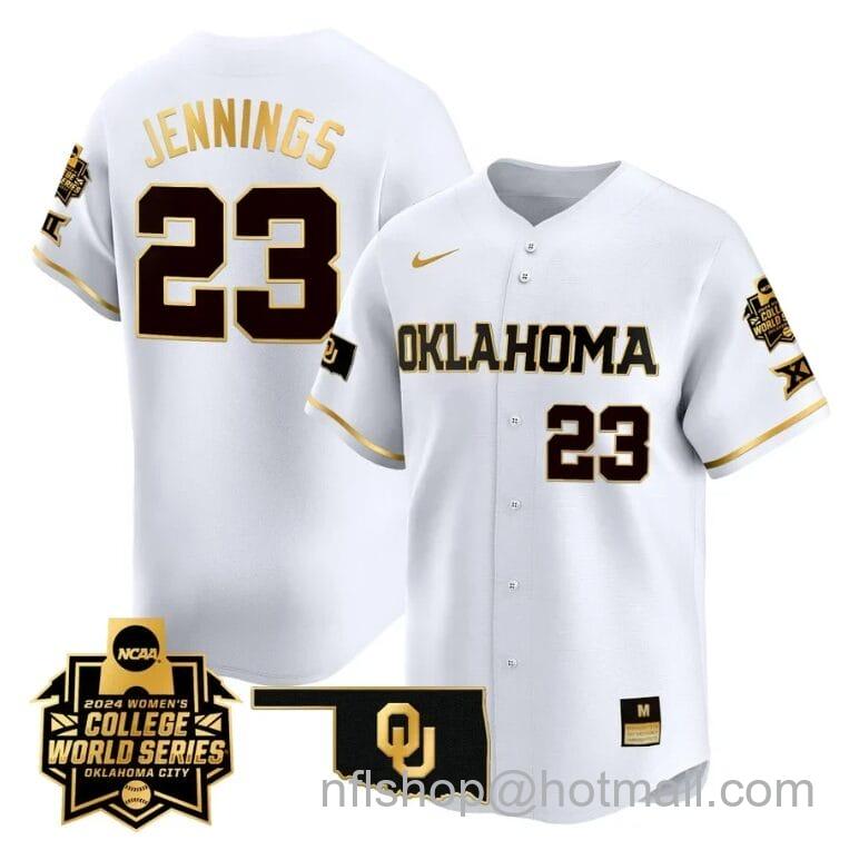 Men's Nike Tiare Jennings Jersey #23 Oklahoma Sooners 2024 College World Series Patch Vapor Premier Limited NCAA Baseball Stitched White Gold