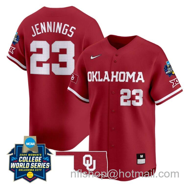 Men's Nike Tiare Jennings Jersey #23 Oklahoma Sooners 2024 College World Series Patch Vapor Premier Limited NCAA Baseball Stitched Crimson