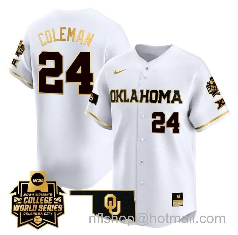 Men's Nike Jayda Coleman Jersey #24 Oklahoma Sooners 2024 College World Series Patch Vapor Premier Limited NCAA Baseball Stitched White Gold