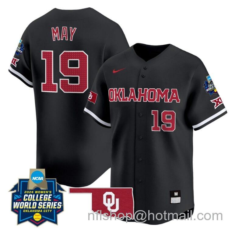 Men's Nike Nicole May Jersey #19 Oklahoma Sooners 2024 College World Series Patch Vapor Premier Limited NCAA Baseball Stitched Black