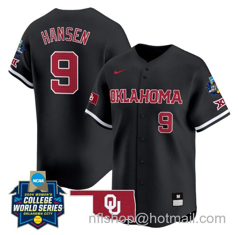 Men's Nike Kinzie Hansen Jersey #9 Oklahoma Sooners 2024 College World Series Patch Vapor Premier Limited NCAA Baseball Stitched Black