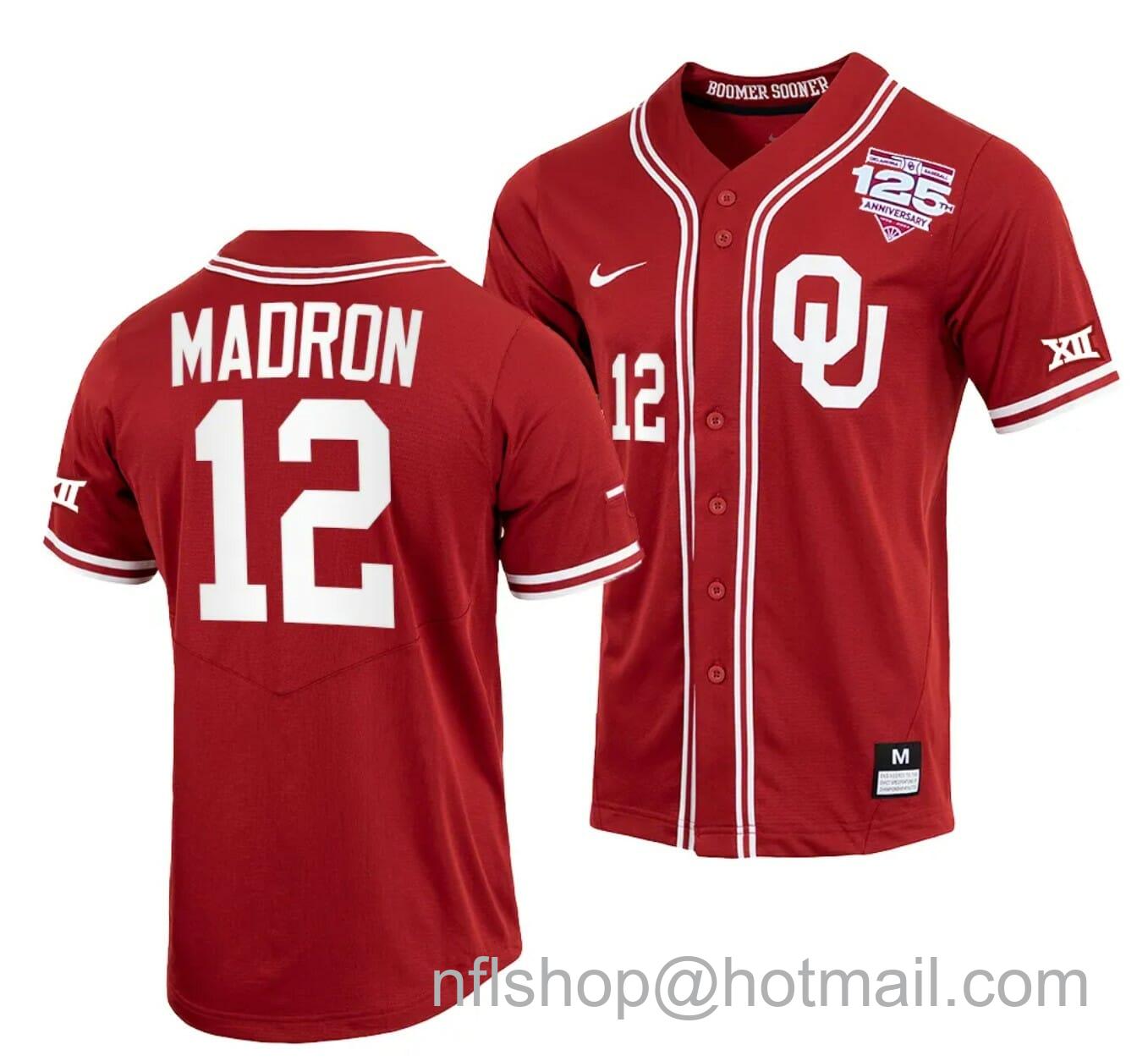 Men's Nike Bryce Madron Jersey Oklahoma Sooners Baseball NCAA College Crimson 125th Season Full-Button #12