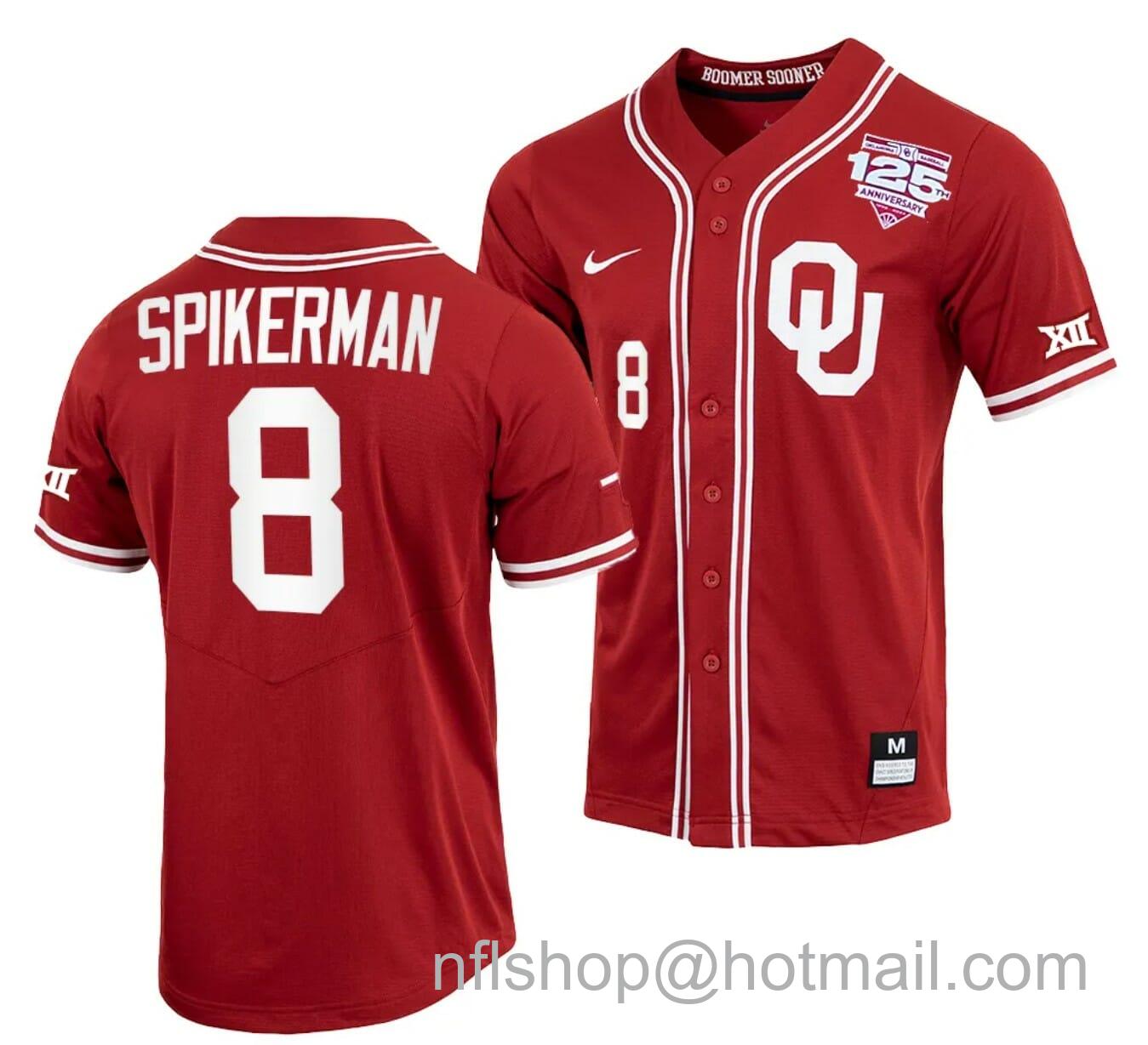 Men's Nike John Spikerman Jersey Oklahoma Sooners Baseball NCAA College Crimson 125th Season Full-Button #8