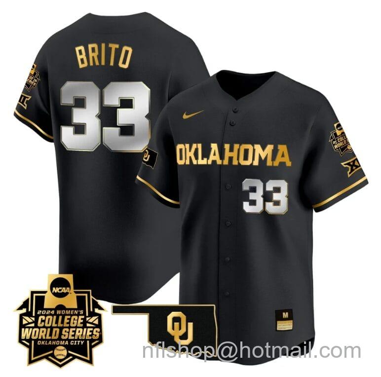 Men's Nike Alyssa Brito Jersey #33 Oklahoma Sooners 2024 College World Series Patch Vapor Premier Limited NCAA Baseball Stitched Black Gold