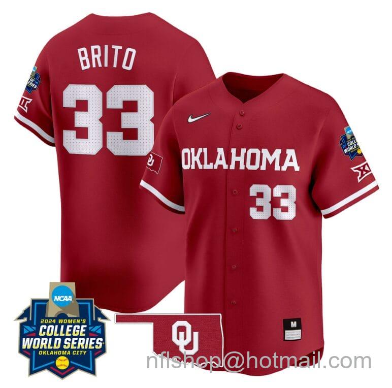 Men's Nike Alyssa Brito Jersey #33 Oklahoma Sooners 2024 College World Series Patch Vapor Premier Limited NCAA Baseball Stitched Crimson