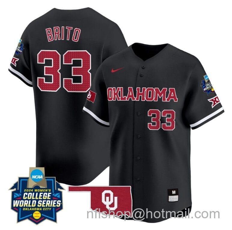 Men's Nike Alyssa Brito Jersey #33 Oklahoma Sooners 2024 College World Series Patch Vapor Premier Limited NCAA Baseball Stitched Black