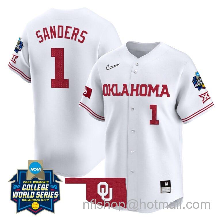 Men's Nike Cydney Sanders Jersey #1 Oklahoma Sooners 2024 College World Series Patch Vapor Premier Limited NCAA Baseball Stitched White