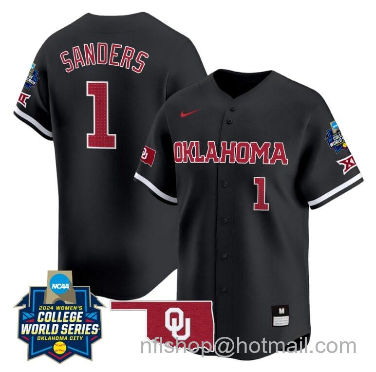 Men's Nike Cydney Sanders Jersey #1 Oklahoma Sooners 2024 College World Series Patch Vapor Premier Limited NCAA Baseball Stitched Black