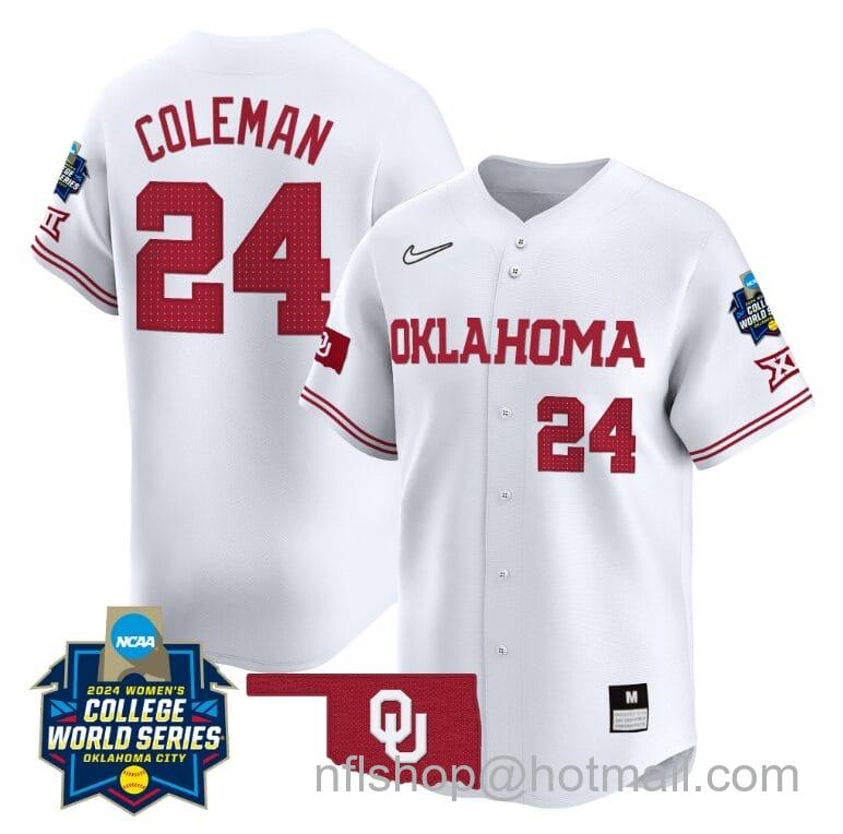 Men's Nike Jayda Coleman Jersey #24 Oklahoma Sooners 2024 College World Series Patch Vapor Premier Limited NCAA Baseball Stitched White