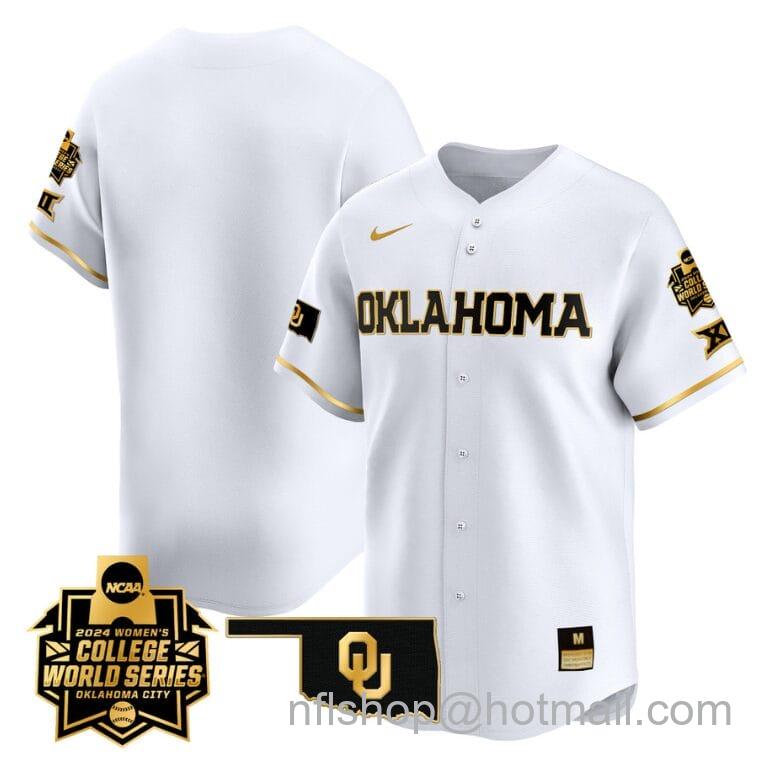 Men's Nike Oklahoma Sooners Team Jersey 2024 College World Series Patch Vapor Premier Limited NCAA Baseball Stitched White Gold