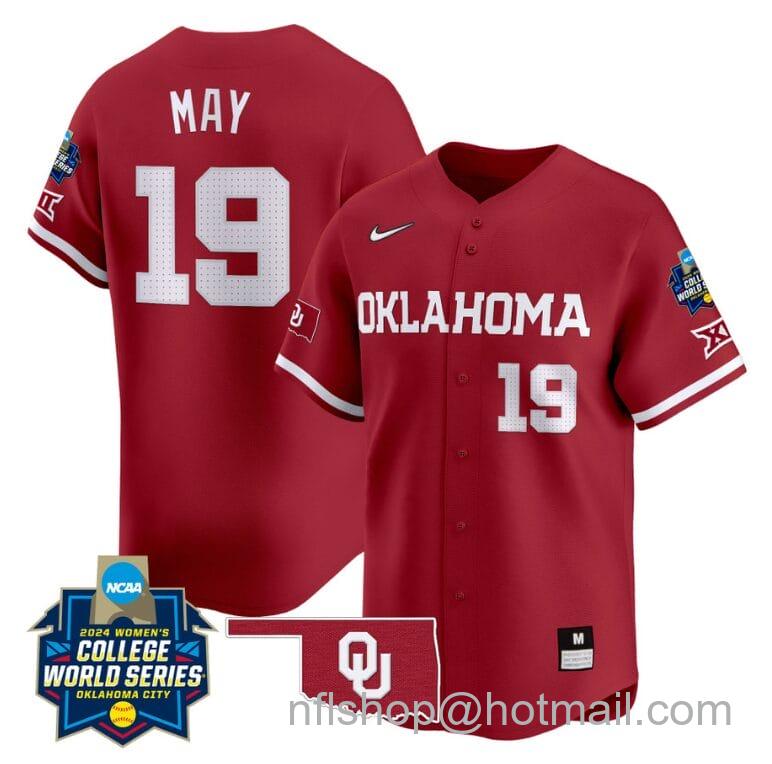 Men's Nike Nicole May Jersey #19 Oklahoma Sooners 2024 College World Series Patch Vapor Premier Limited NCAA Baseball Stitched Crimson