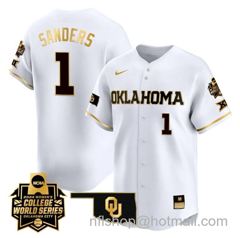 Men's Nike Cydney Sanders Jersey #1 Oklahoma Sooners 2024 College World Series Patch Vapor Premier Limited NCAA Baseball Stitched White Gold