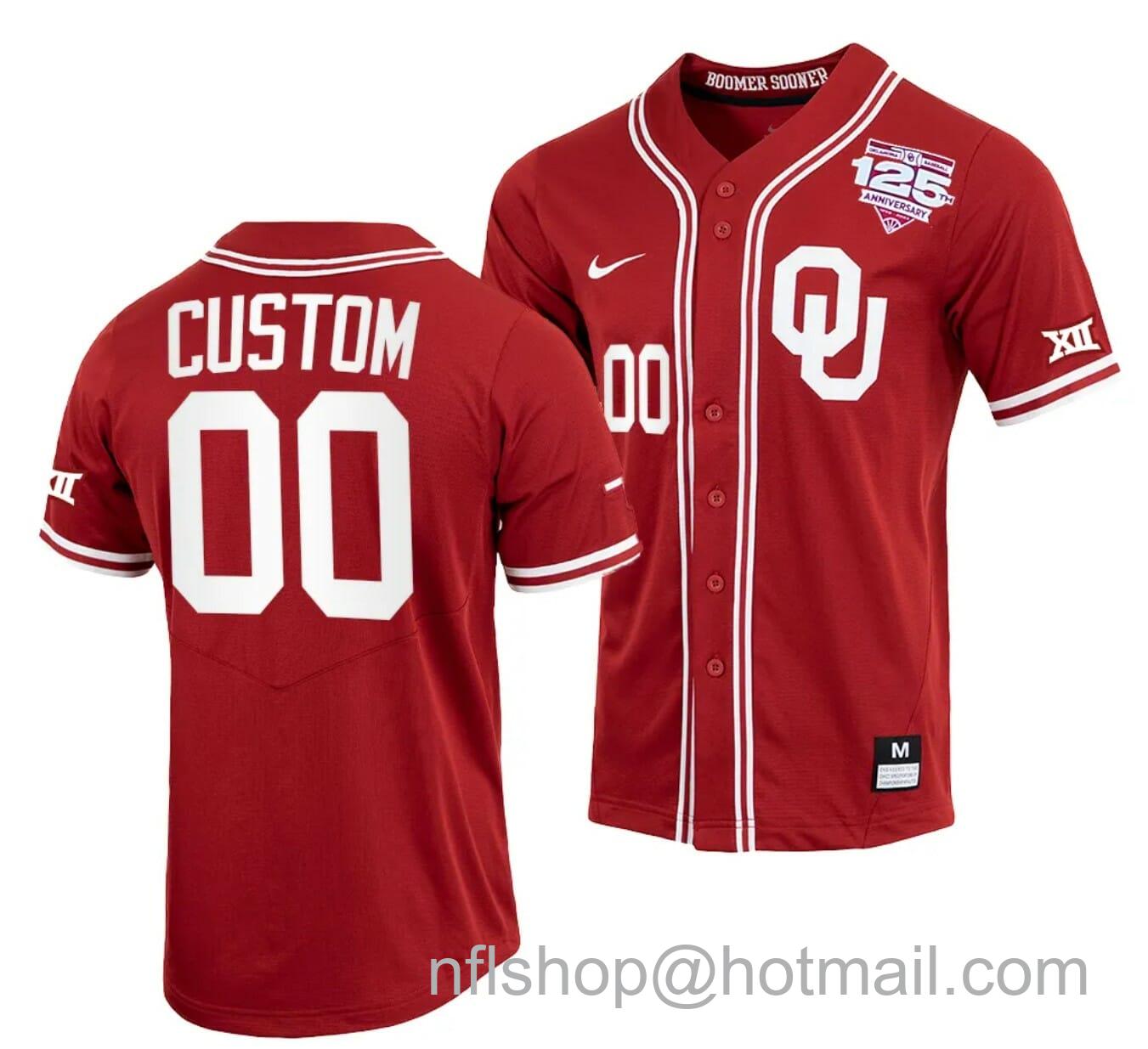 Men's Nike Custom Oklahoma Sooners Baseball Jersey Name and Number NCAA College Crimson 125th Season Full-Button