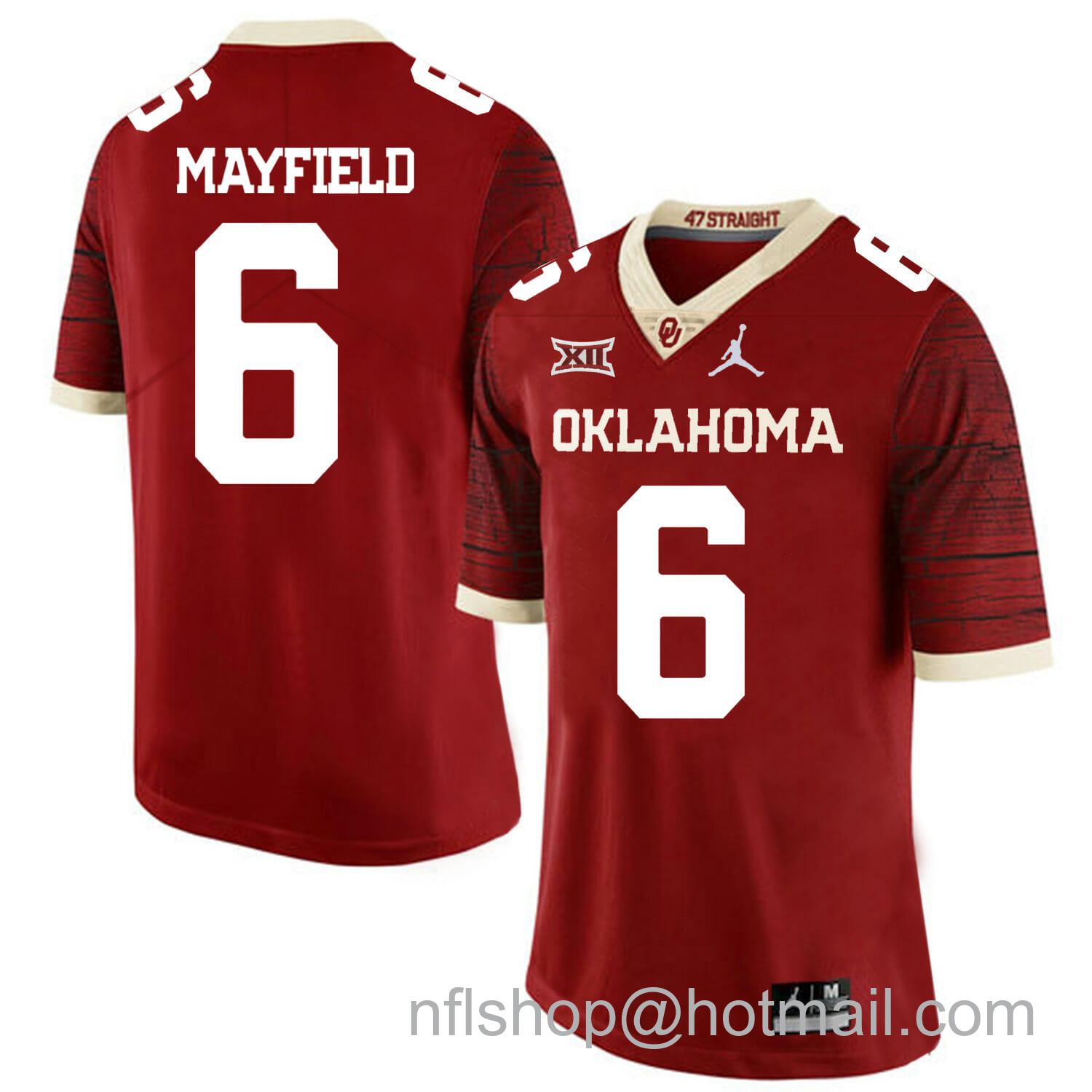 Men's Jordan Brand Oklahoma Sooners #6 Baker Mayfield Football Jersey Firewood Dark Red