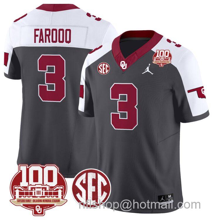 Men's Jordan Brand Jalil Farooq Jersey #3 Oklahoma Sooners 100th Anniversary Patch Vapor Limited College Football Stitched Anthracite Alternate