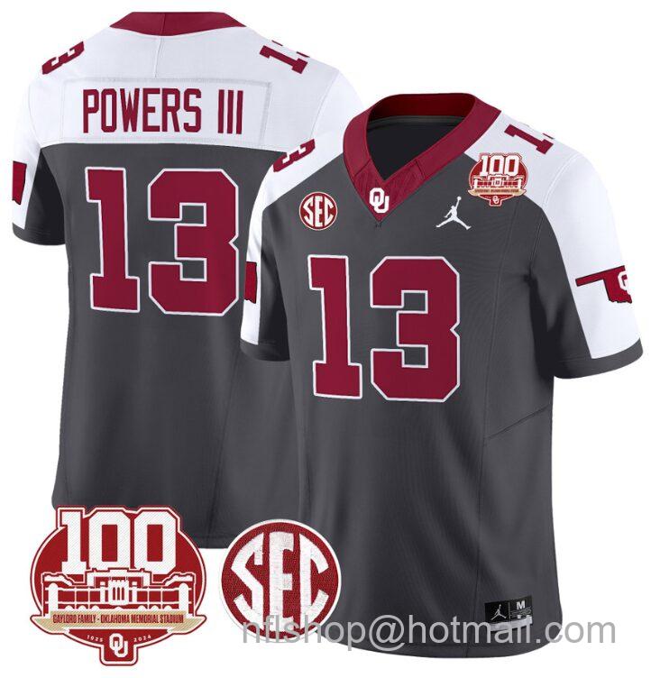 Men's Jordan Brand Reggie Powers III Jersey #13 Oklahoma Sooners 100th Anniversary Patch Vapor Limited College Football Stitched Anthracite Alternate