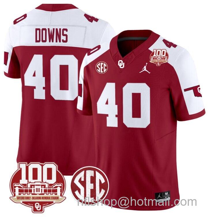 Men's Jordan Brand Ethan Downs Jersey #40 Oklahoma Sooners 100th Anniversary Patch Vapor Limited College Football Stitched Crimson Alternate